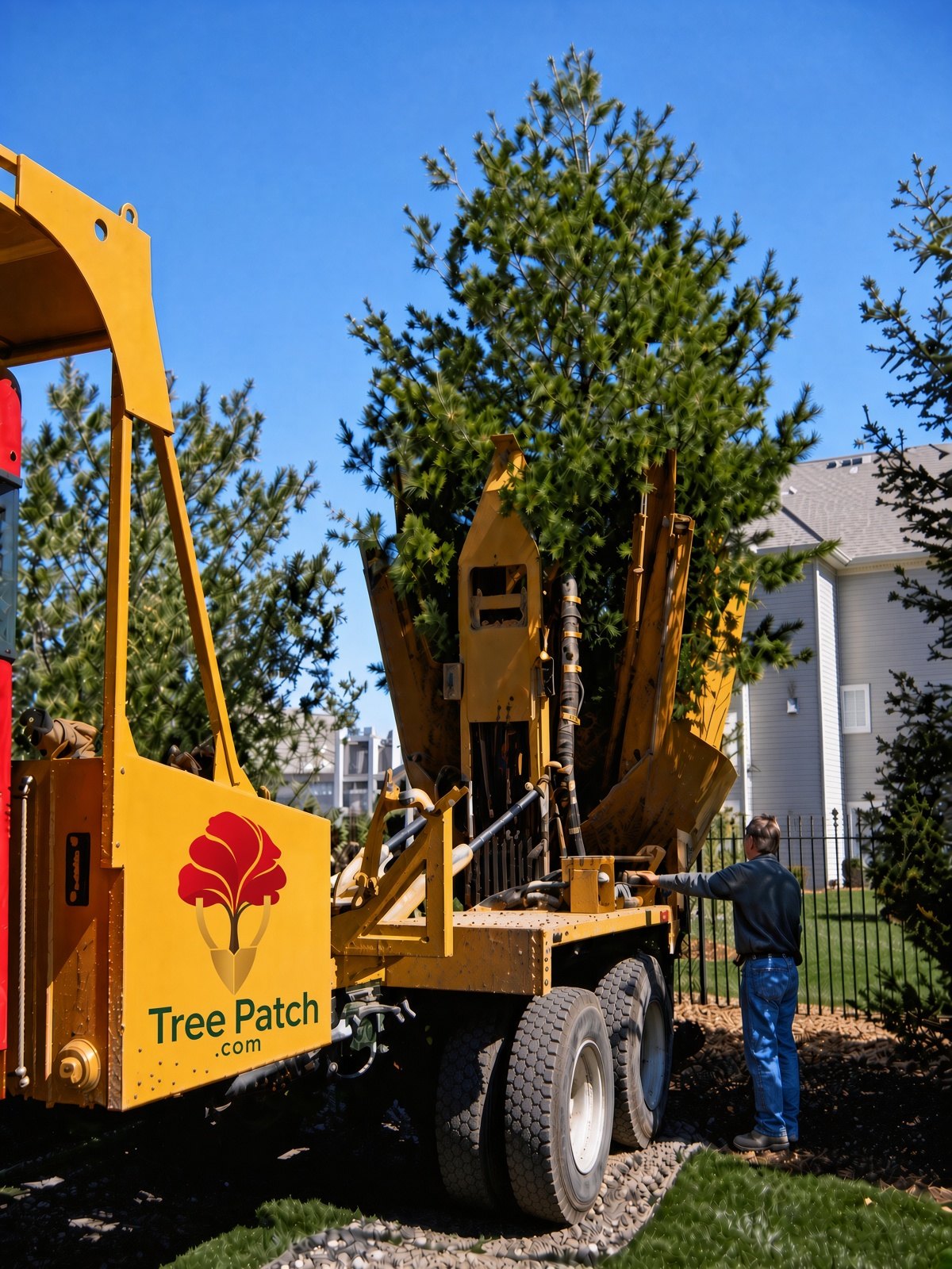 Tree Patch spade truck setting a mature pine, with the Tree Patch mark on the machine